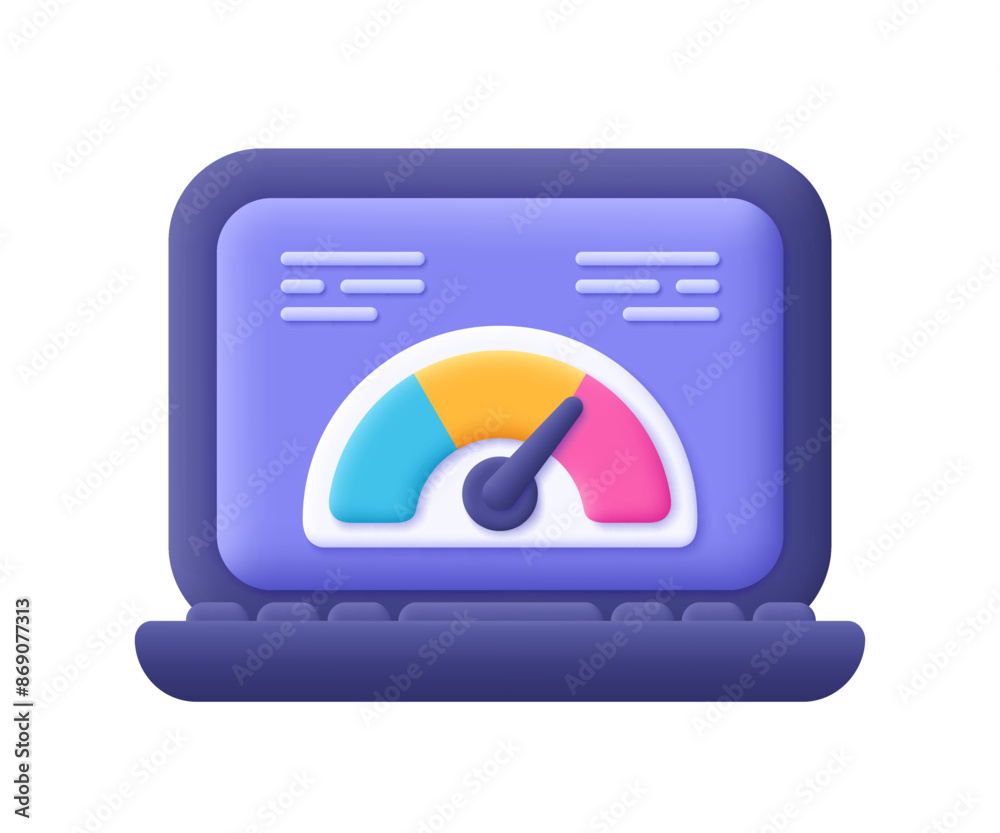 Poster laptop with speedometer on the screen. speed test of internet connection, speed optimization and seo