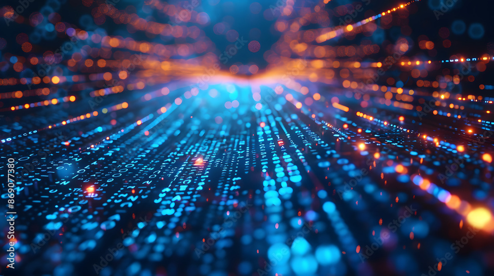 Poster digital informational technology web futuristic hologram with cloud icon, blue golden light digits a