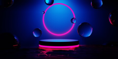 3d illustration rendering of gaming abstract background in scifi cyberpunk style and neon stage display showcase