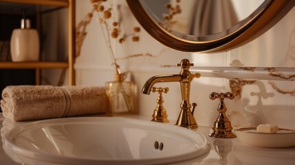 Closeup of an elegant golden faucet in the bathroom sink next to stylish decorations A beautiful sink with a golden faucet next to an oval mirror and a shelf with hand towels : Generative AI