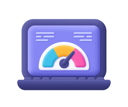 Laptop with speedometer on the screen. Speed test of internet connection, speed optimization and SEO concept.3d vector icon. Cartoon minimal style.