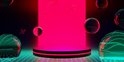 3d illustration rendering of gaming abstract background in scifi cyberpunk style and neon stage display showcase
