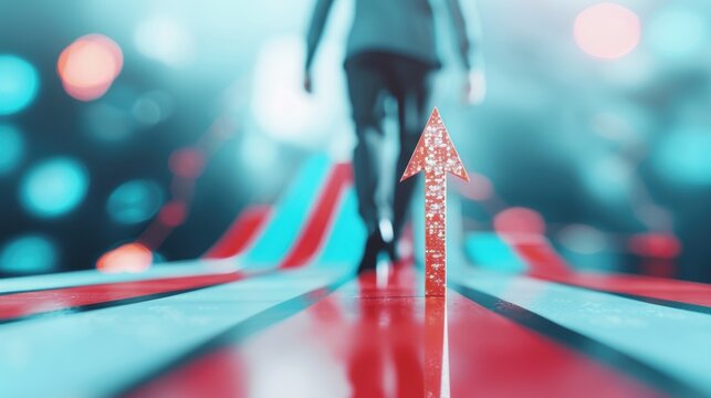 A conceptual photo of a businessman walking confidently on a financial growth arrow, with abstract charts and graphs in the background, symbolizing successful investments and financial progress. - Powered by Adobe