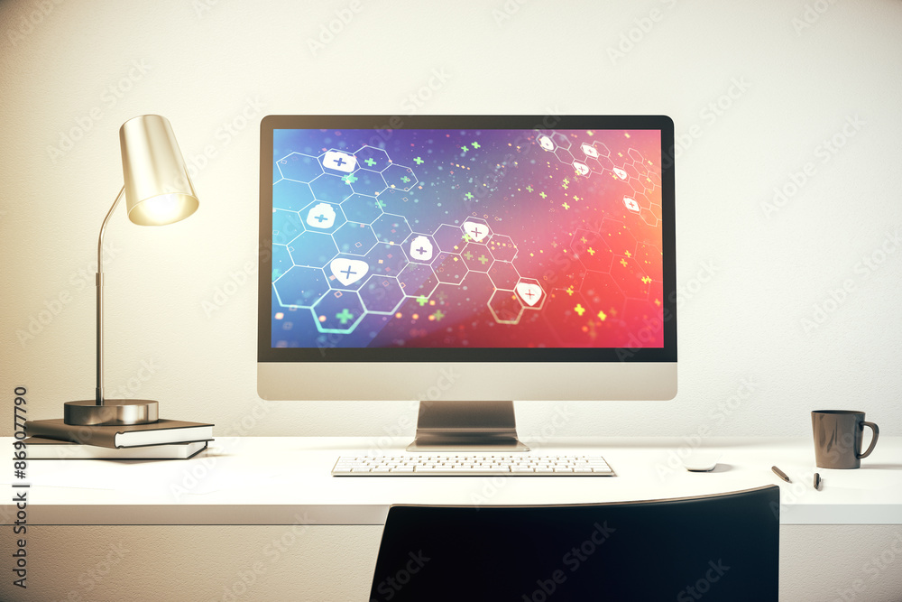 Poster modern computer monitor with creative abstract medical hologram. healthcare technolody concept. 3d r