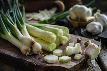 Fresh Leeks and Garlic on Wooden Surface