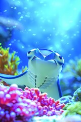 A closeup of a manta ray with its mouth open