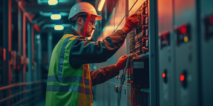 An electrician wearing safety gear is seen performing comprehensive maintenance on a control panel, illustrated in a modern setup highlighting both technical skill and focus.