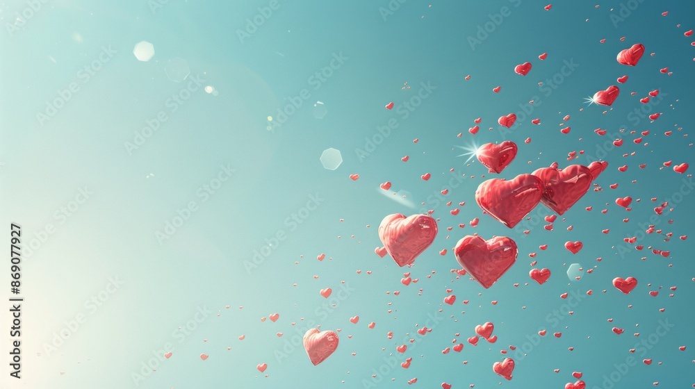 Wall mural background with hearts flying in the clear blue sky