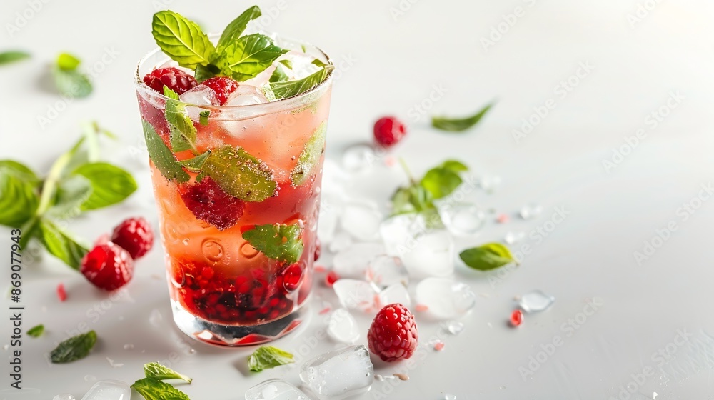 Poster raspberry mojito cocktail on white background isolated : generative ai