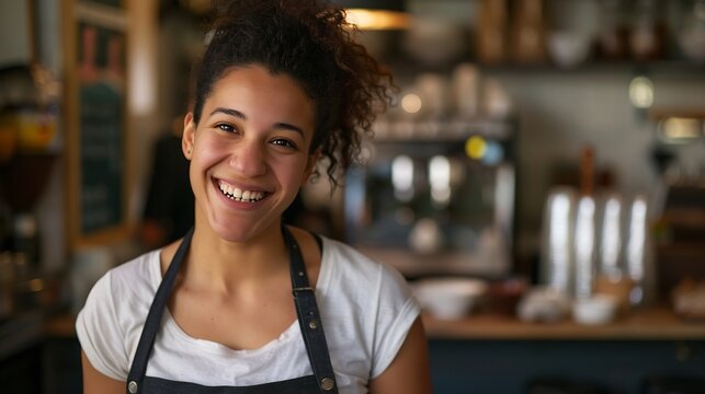 Young biracial woman smiles joyfully in a cafe setting her apron suggests she may be a barista or a small business owner at work : Generative AI