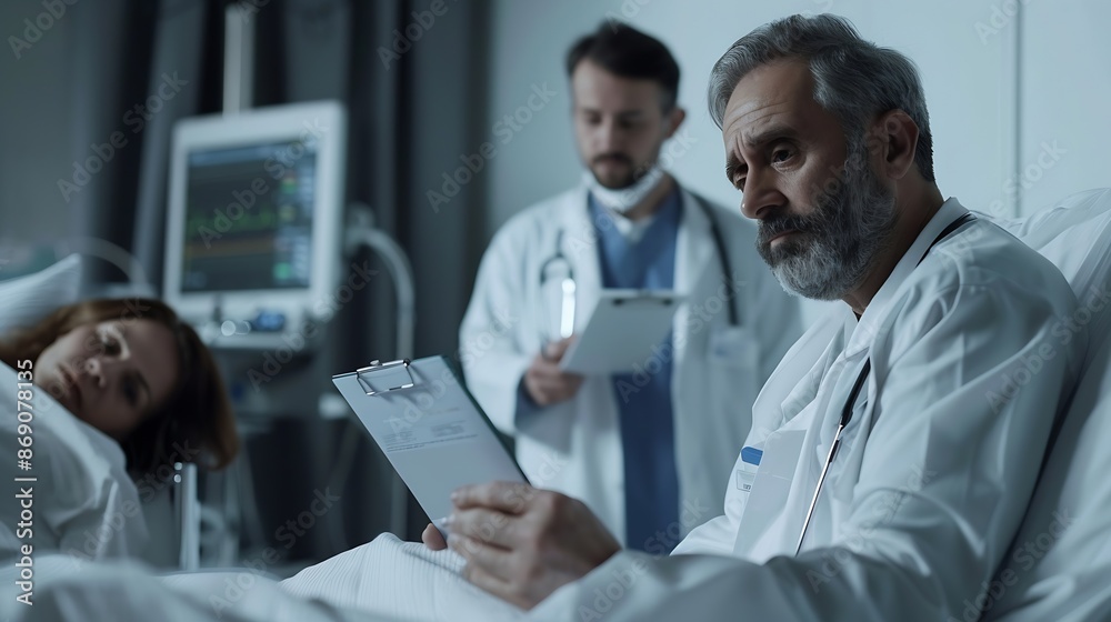 Wall mural portrait of handsome male doctor patient in hospital bed behind er doctor examining senior patient r