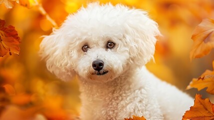 Closeup portrait of a Bichon Frise dog capturing the essence of autumn in a delightful stock photo The fluffy white coat of the dog contrasts beautifully with the warm hues of the fall : Generative AI
