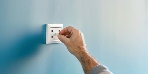 A hand is carefully inserting an electrical plug into a white socket installed on a blue-painted wall, indicating an electrical connection process in progress.