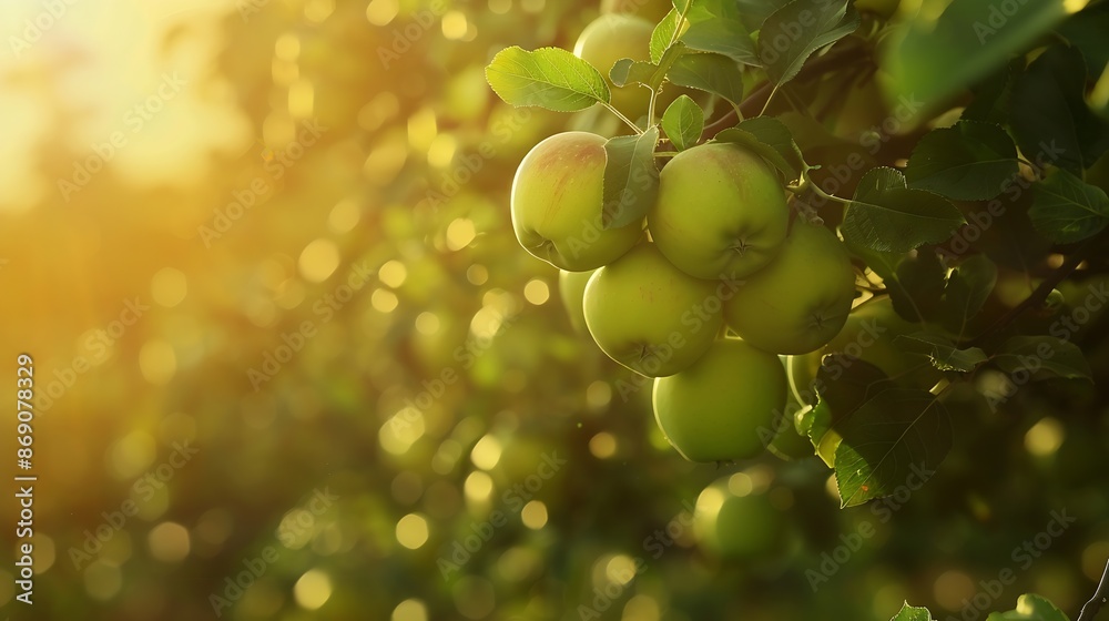 Poster apple orchard with an unripe harvest of green apples apple orchard with a harvest of apple fruits in