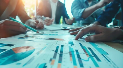 Obraz premium Team of business people are meeting to analyze data for marketing planMarket research reports and income statistics Financial and Accounting concept : Generative AI
