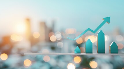 A conceptual image illustrating the upward trend in real estate and financial markets, with a graph charting growth and a cityscape backdrop symbolizing economic progress. Ideal for presentations and