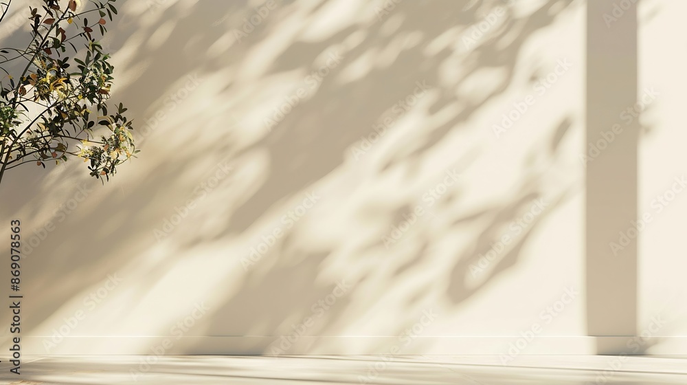 Poster Minimalistic abstract gentle light beige background for product presentation with light andand intricate shadow from the window and vegetation on wall : Generative AI