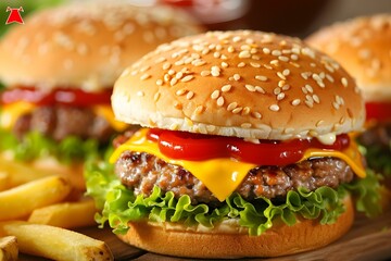 Delicious cheeseburgers with lettuce tomato and fries