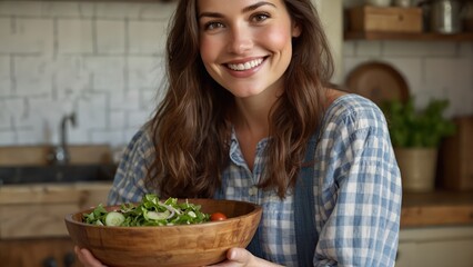 Woman with salad bowl in kitchen 