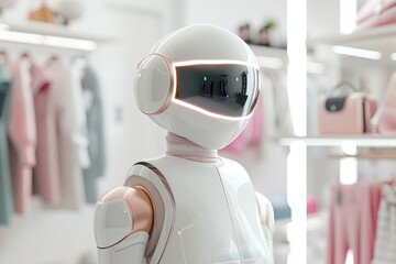 Futuristic Robot in Modern Clothing Store with Stylish Accessories and Minimalist Design