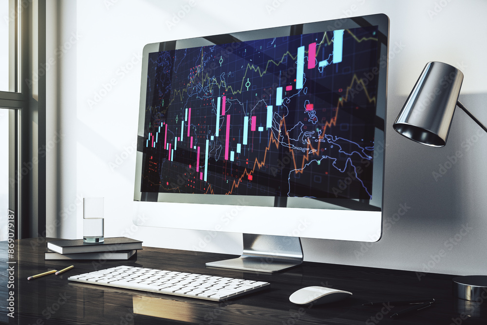 Poster Modern computer screen with abstract financial diagram, banking and accounting concept. 3D Rendering