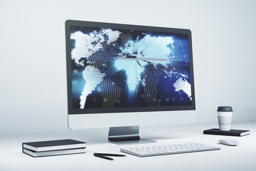 Fototapeta premium Abstract digital world map on modern computer monitor, big data and blockchain concept. 3D Rendering