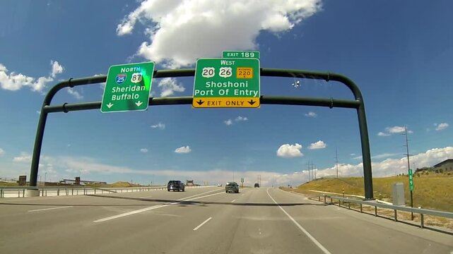 Driving point-of-view taking exit 189 off Interstate Highway 25 in Casper, Wyoming.