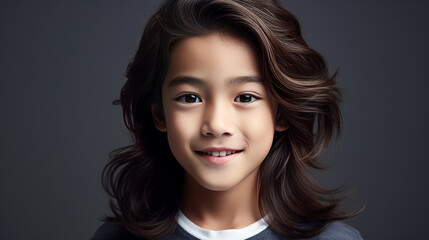 Fototapeta premium Portrait of a cute handsome happy Asian boy child with long hair and perfect skin, gray background, banner.