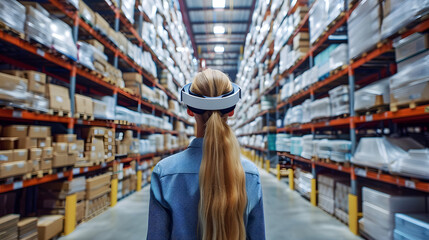Fototapeta premium Future virtual reality technology for innovative VR warehouse management . Concept of smart technology for industrial revolution and automated logistic control