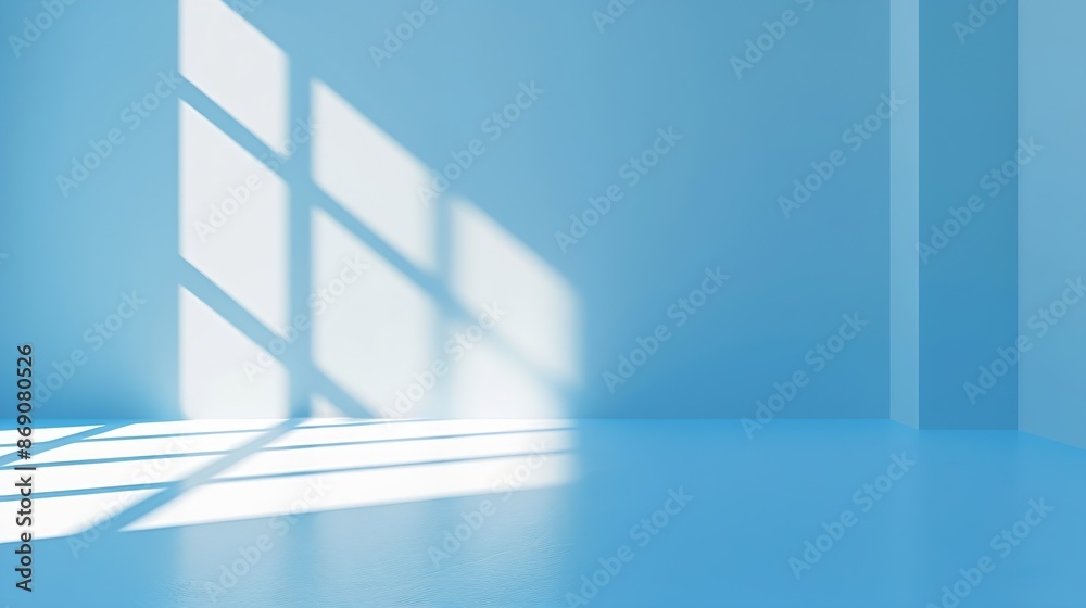 Poster Minimalistic simple abstract light blue background for product presentation Shadow and light from windows on wall : Generative AI