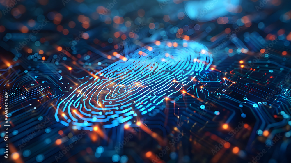 Poster futuristic digital processing of biometric fingerprint scanner. concept of surveillance and security