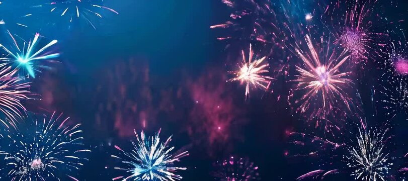 A dark blue purple gradient background with fireworks.