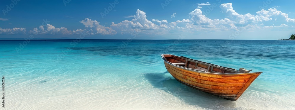 Wall mural  A boat atop a sandy beach, adjacent to a body of water Behind it lies an island