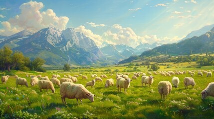 Majestic Herd of Fluffy Sheep Grazing in Verdant Alpine Meadow with Towering Mountain Range