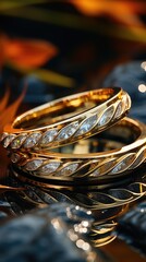 a close up of gold and silver bracelets with a gold band.