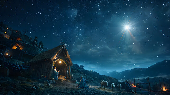The star shines over the manger of Christmas of Jesus Christ. 