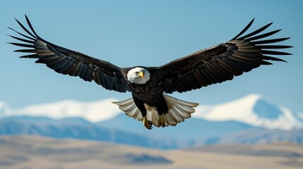Obraz premium Majestic Bald Eagle Soaring Against Panoramic Mountain Landscape