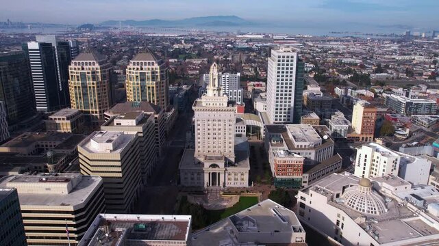 Aerial View of Downtown Oakland, City Hall and Buildings, California USA, Drone Shot