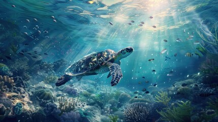 Obraz premium Graceful Sea Turtle Gliding Through Vibrant Underwater Ecosystem with Schools of Fish and Swaying Vegetation