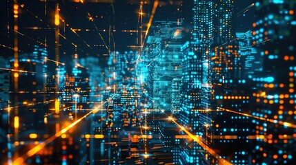 Futuristic Interconnected Digital Landscape with Glowing Neon Cityscape and Intricate Technology System