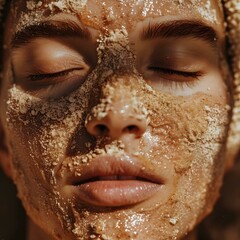 Close-up of a woman with a facial mask made of sand