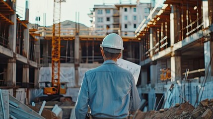 Fototapeta premium Skilled Construction Engineer Analyzing Blueprints and Guiding the Bustling Progress of the Building Site