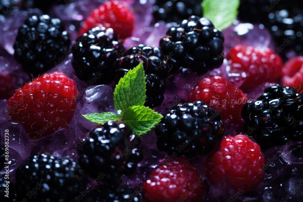 Poster Fresh Raspberries and Blackberries with Ice and Mint