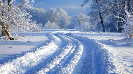 Obraz premium A snowy road with a path in the snow