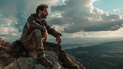 Weathered Adventurer Pauses for Reflection Atop Scenic Overlook
