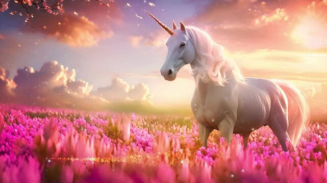 Unicorn in magical fantasy landscape pink neon colors. Unicorn concept, magic design with stars and pastel sky 4k video Soft background beauty spark 4k