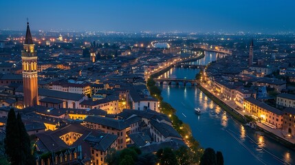 Fototapeta premium Verona Italy high angle view night city skyline at Adige river and Verona Cathedral : Generative AI