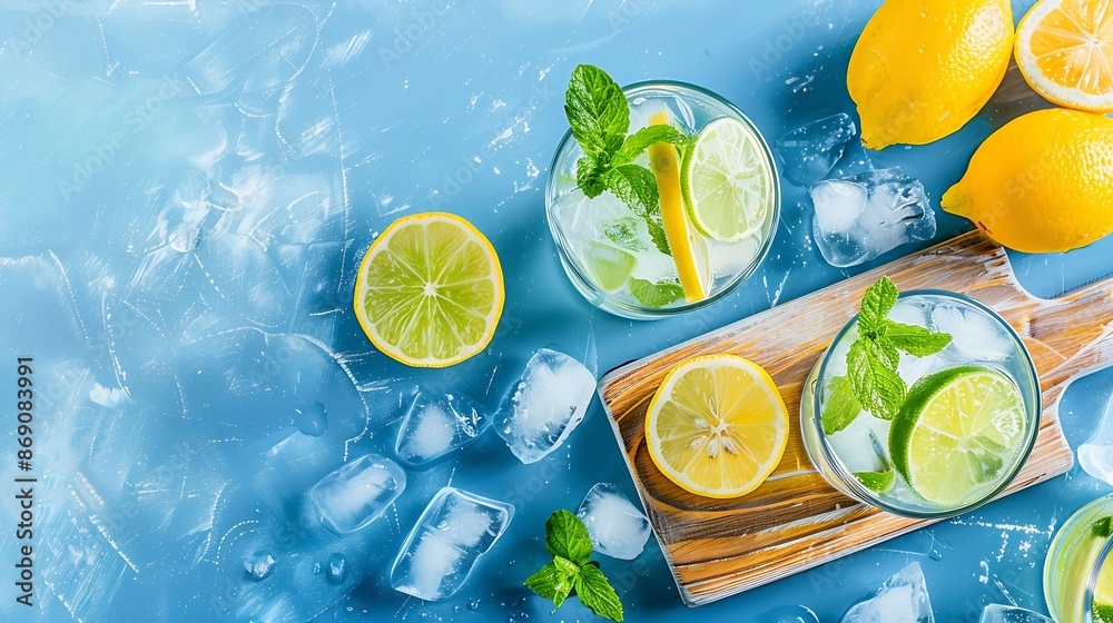Poster two glasses of mojito cocktail or tonic with lemon lime mint and ice on a wooden board summer concep