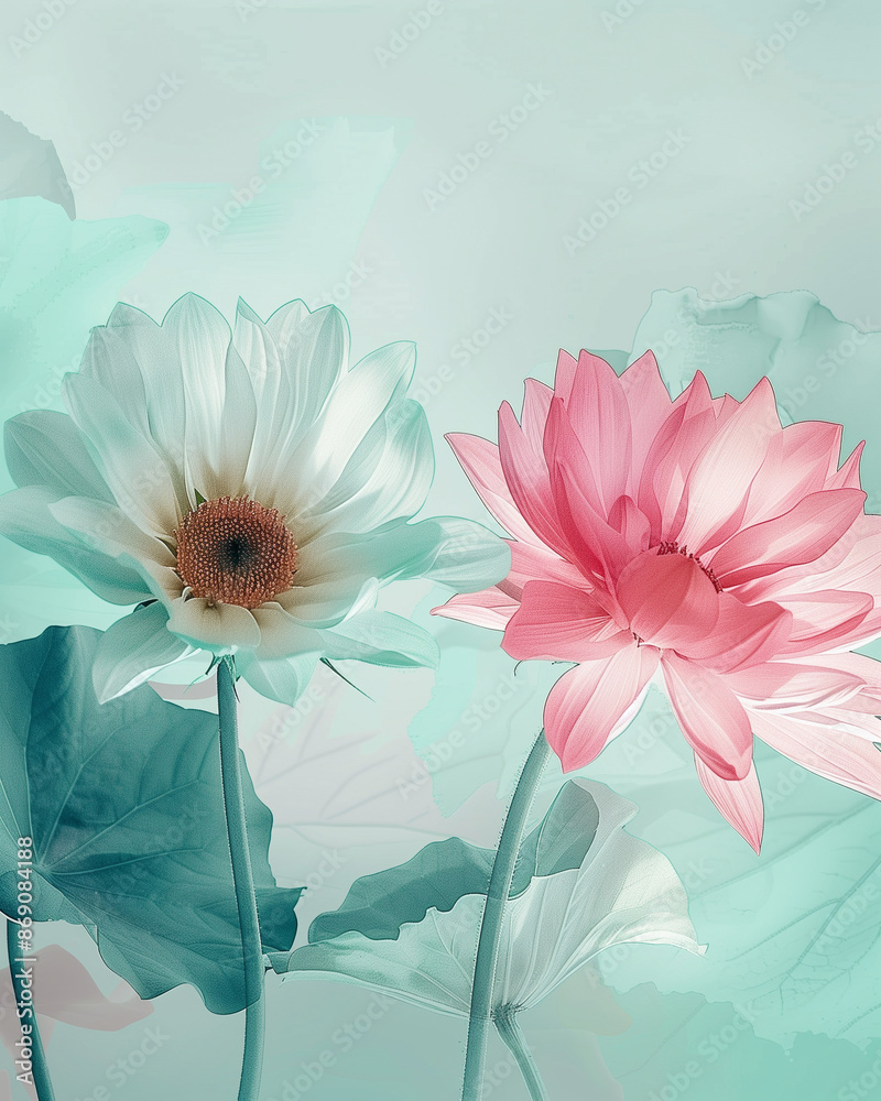 Poster illustration of pink flower on blue