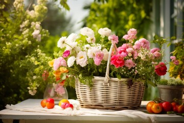 Naklejka premium GardenCore scene with a wicker basket of fresh flowers and botanical-themed decor